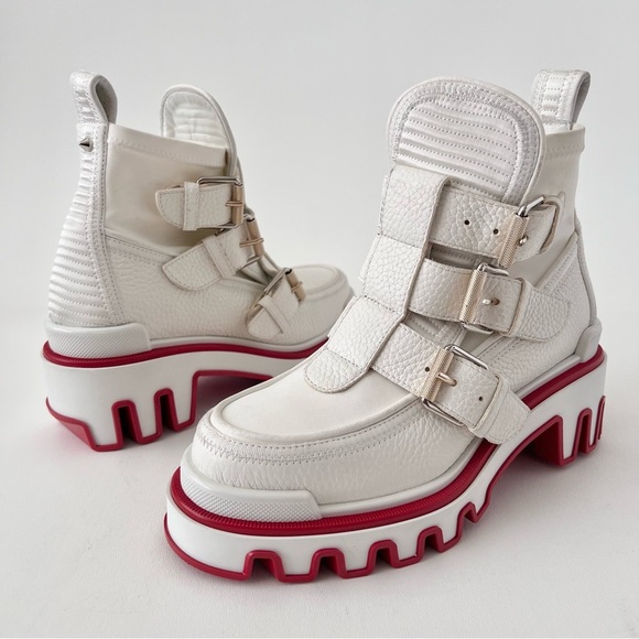 CHRISTIAN LOUBOUTIN | Dune Buckle Red Sole Ankle Platform Booties White Leather - Picture 2 of 16